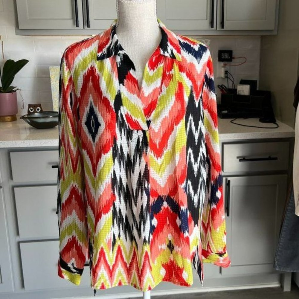 Jones New York Tunic Vibrant Orange Yellow Black Print Tabbed Sleeves Size Large